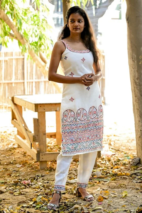 Traditional Madhubani Hand-Painted  Kurta Pant Set Formal Linen Trousers