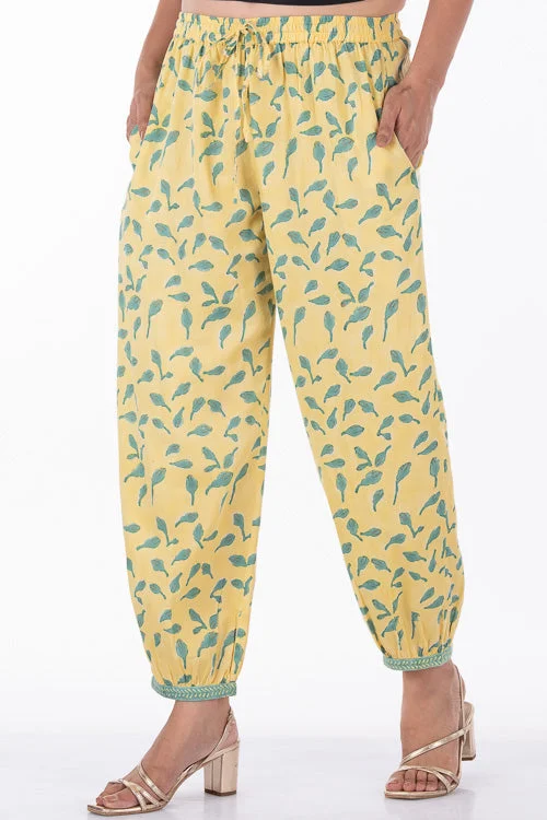 Dharan "Bloosom Dogri Pants" Yellow Block Printed Pants Cozy Fitted Pants