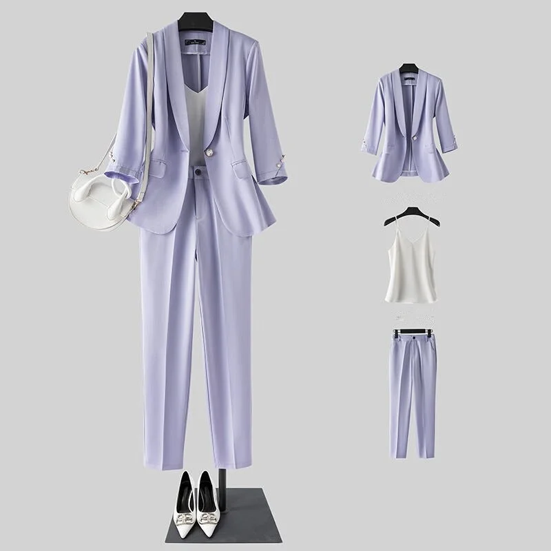 Wjczt Women's High-End Graceful Work Clothing 2022 Spring Summer Thin Office Lady Elegant Purple Suit Coats+Sling Vest+Pants Outfits Chic Wool Trousers
