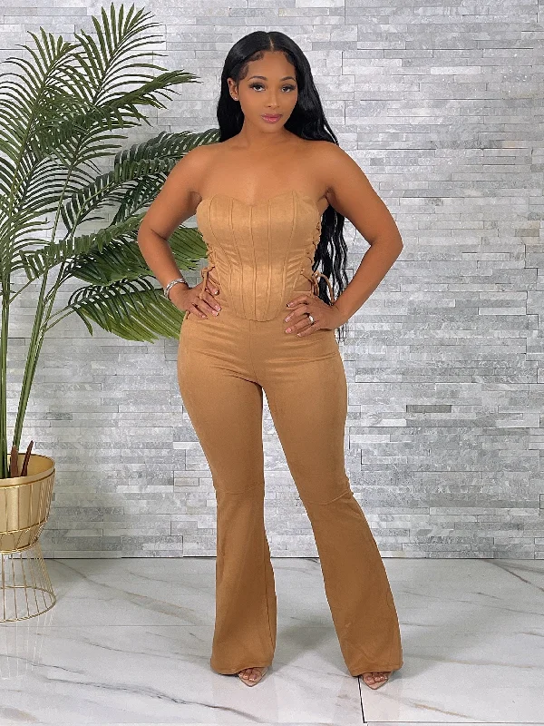 ST2735P-Suede Corset Top & Flare Pants Set Relaxed Linen Pants