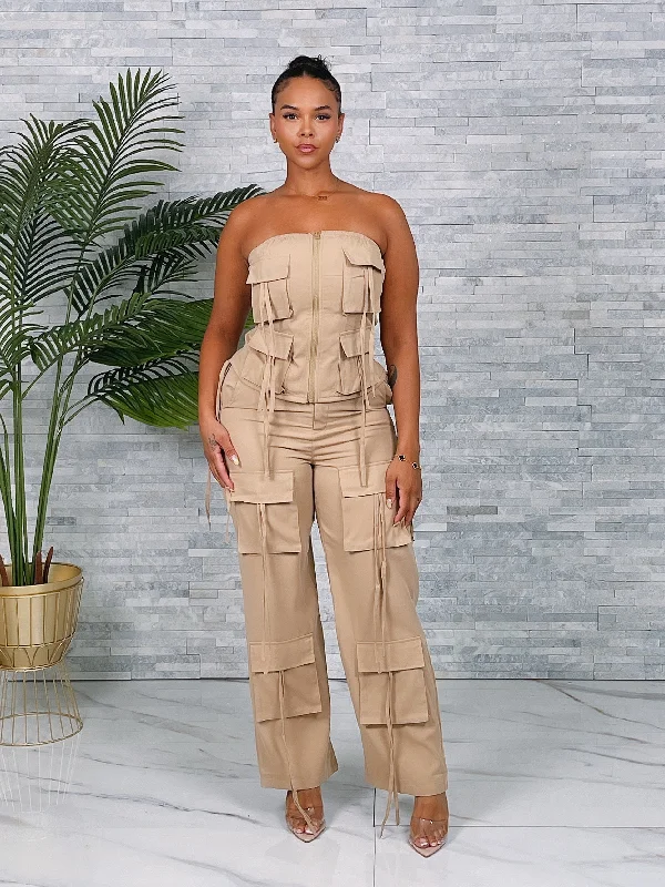 HT1022SETP-Tube Top & Pants W/Pockets Set Trendy Wide-Legged Trousers