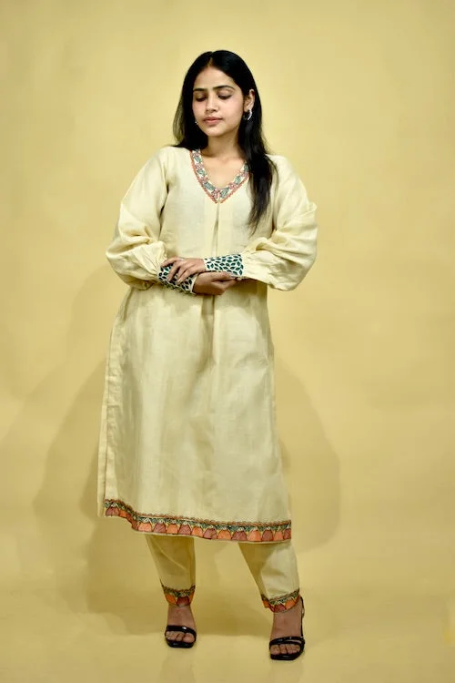 Chanderi Madhubani Hand-Painted  Kurta Pant Set Stylish Slim Trousers