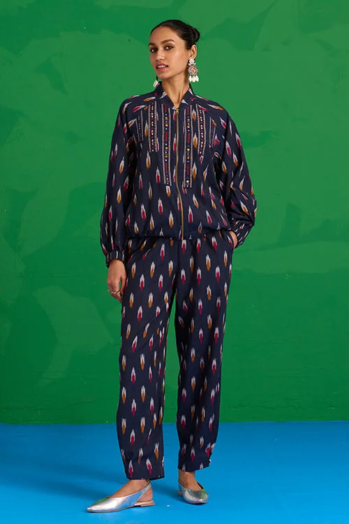 Okhai "Mahanadi" Navy Blue Ikkat Pure Cotton Pants Relaxed Fit Trousers