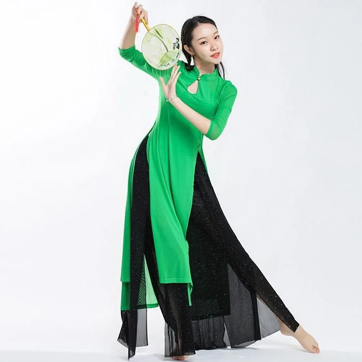 Elegant Chinese Style Yoga Wear Dance Costume with Pant Skirt Soft Stretch Pants