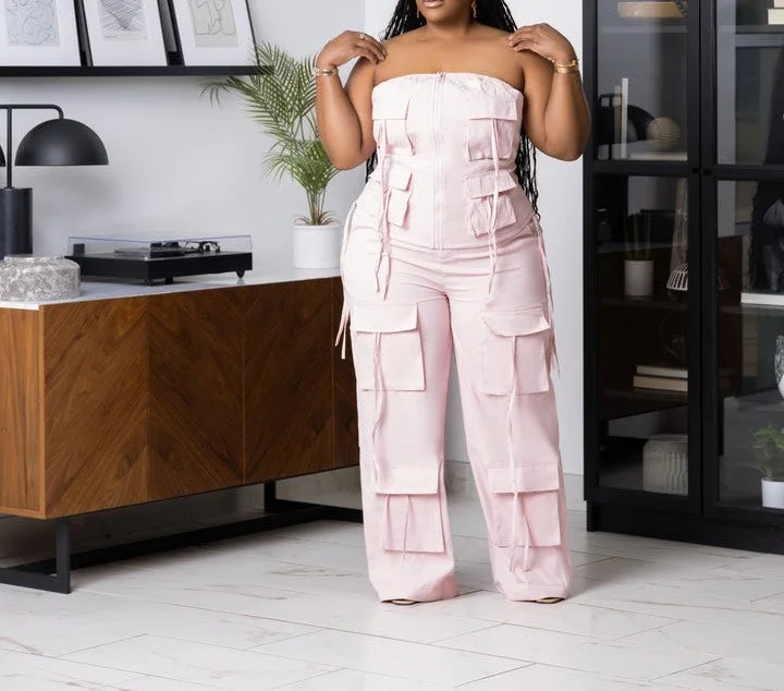 HT1022SETXP-Tube Top & Pants W/Pockets Set(PLUS) Casual Drawstring Pants