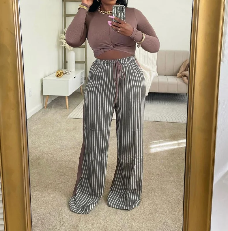 SAP2502P - LS KNOTTED MID TOP&STRIPE LINEN PANTS SET Stylish Casual Pants