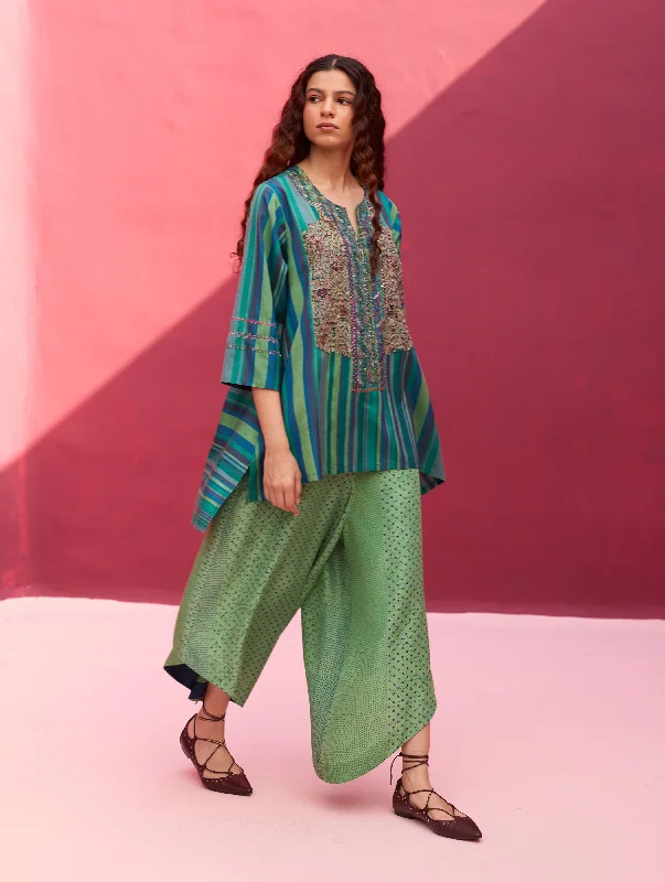Zahira Block Printed Silk Pants - Peacock Casual Wide Pants