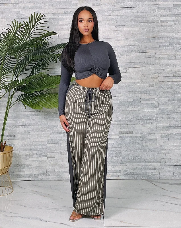 SAP2502XP - LS KNOTTED MID TOP&STRIPE LINEN PANTS SET(PLUS) Fashionable Tapered Leg Pants