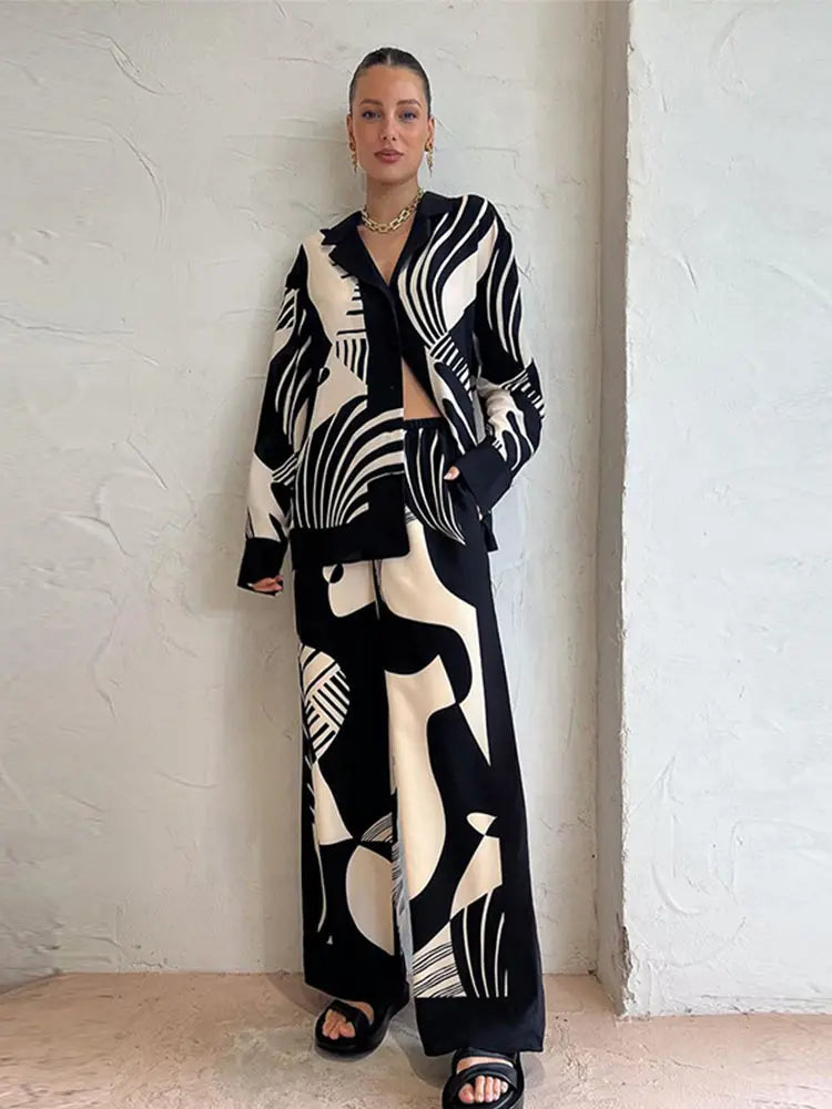 Wjczt Women Digital Printed Two-piece Set Chic Lapel Long Sleeved Top Loose Straight Leg Pants Suit 2024 Fashion Lady High Streetwear Fashionable Work Pants Wjczt Women Digital Printed Two-piece Set Chic Lapel Long Sleeved Top Loose Straight Leg Pants Suit 2024 Fashion Lady High Streetwear Fashionable Work Pants