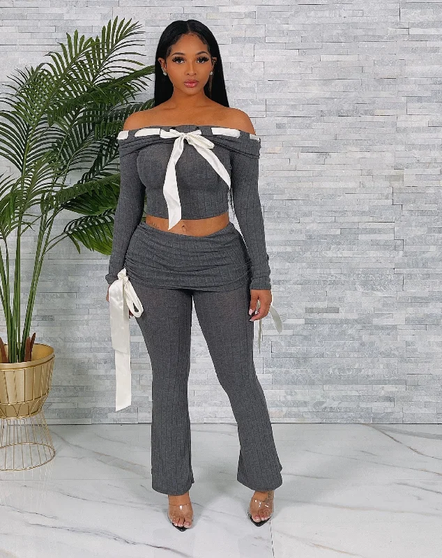 SAP2517P - OFF SHOULDER RIB TOP&SKIRT PANTS SET Formal Slim Pants