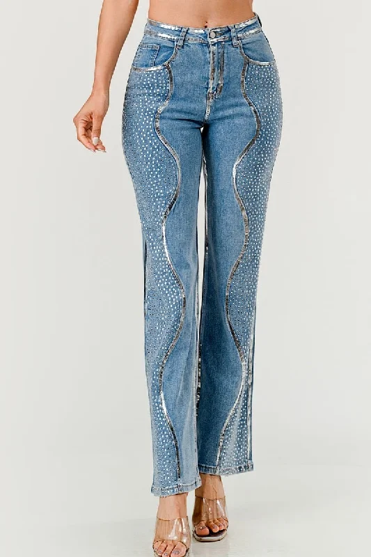 AIP5090AP-Denim Rhinestone Straight Pants Comfortable Cargo Pants