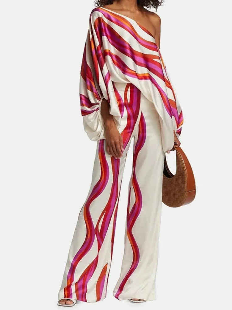 Wjczt Casual Satin Commuting Suit Fashion Hollow Off Shoulder Tops With Long Pants Women 2 Piece Sets 2024 Spring Loose Print Outfits Casual Sweatpants Style Wjczt Casual Satin Commuting Suit Fashion Hollow Off Shoulder Tops With Long Pants Women 2 Piece Sets 2024 Spring Loose Print Outfits Casual Sweatpants Style