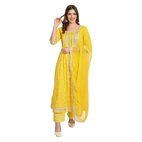 Rangnavi Women Rayon Anarkali Embroidered Printed Kurta Pant and Dupatta Set Yellow Classic Chino Pants