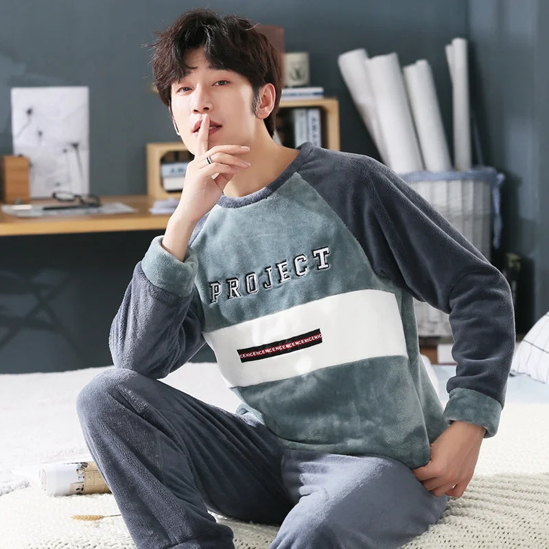 Wjczt 4XL 5XL 95kg Nightwear Long Sleeve Winter Warm Flannel Pajamas Sets Print Sleepwear Long Pant Male Men Pajama Set Cozy Knit Pants