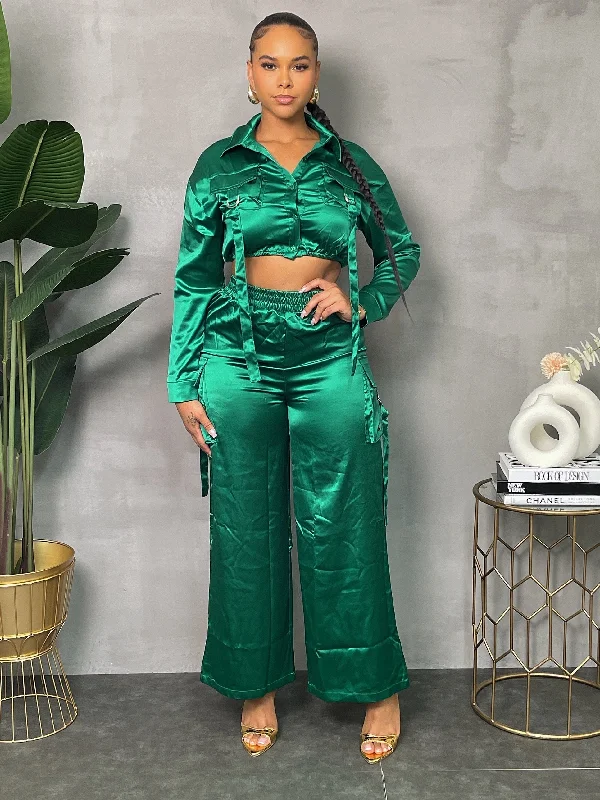 ST3139P-Satin L/S Pocket Top & Cargo Pants Cozy Knit Pants