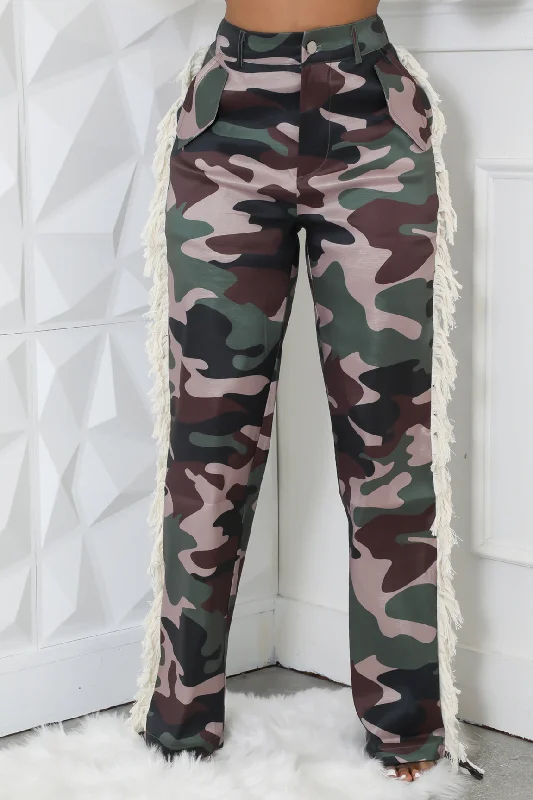 HP602P2P-Printed Fringe Side HW Pants Comfy Cargo Trousers