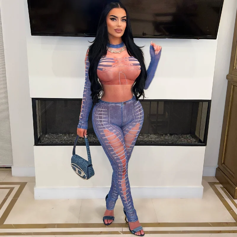 PVG479P-Denim Print Mesh Top & Pants Set Elegant Palazzo Trousers