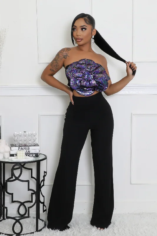 28029P - SEQUINS FLORAL TUBE TOP&PANTS SET Stylish Slim Trousers