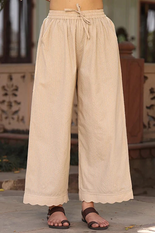 Dharan Scallop Cotton Beige Pants Elegant High-Waist Pants