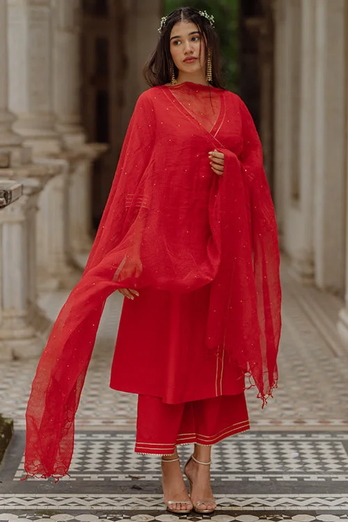 Okhai 'Scarlet Angel' Gota Patti Kurta Pant Dupatta Set Fashionable Jogger Pants