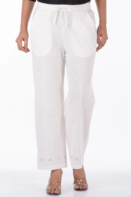 Dharan "Sikki Pants" White Embroidered Straight Pants Cozy Jogger Leggings