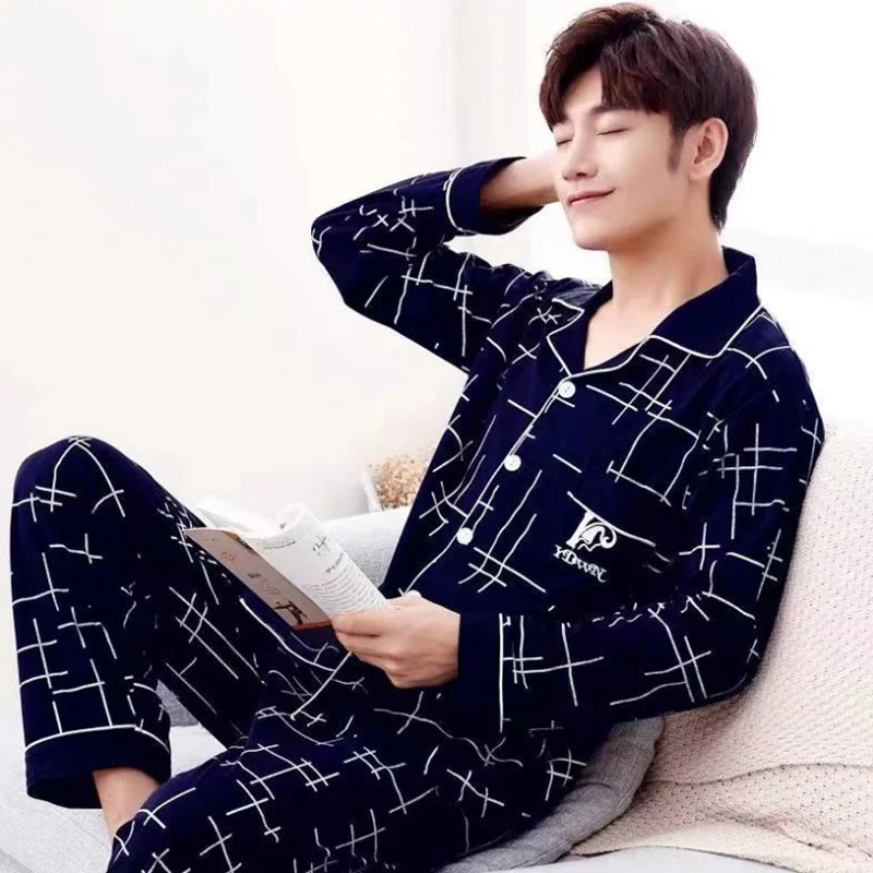 Wjczt Summer Casual Striped Cotton Pajama Sets for Men Short Sleeve Long Pants Sleepwear Pyjama Male Homewear Lounge Wear Clothes Elegant Palazzo Trousers