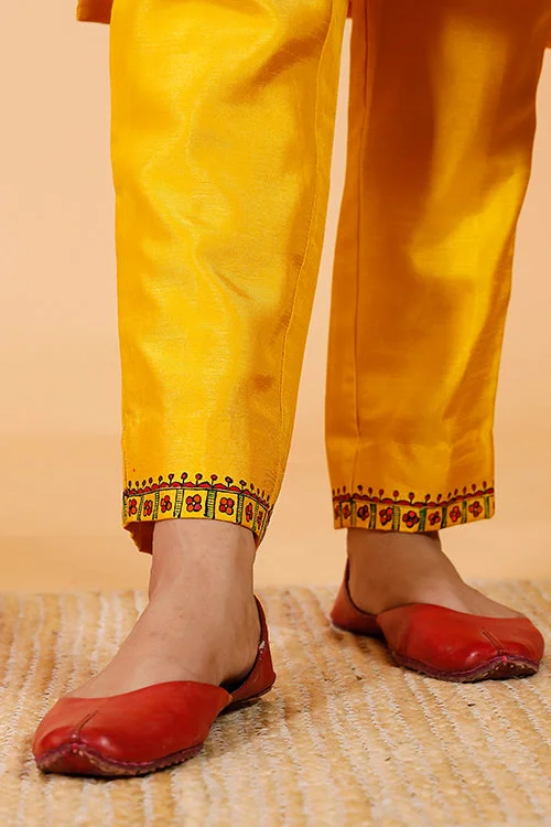 Gubbaro Handpainted Madhubani 'Dolikahaar' Dola Silk Pant Wide-Legged Palazzos