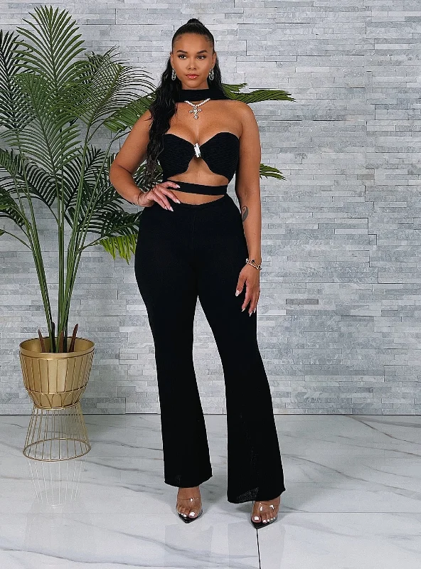 SW3396P-Crop Halter Top & Flare Pants Set Sleek Black Pants