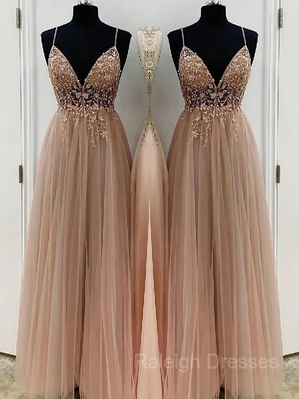A-Line/Princess V-neck Floor-Length Tulle Prom Dresses With Beading