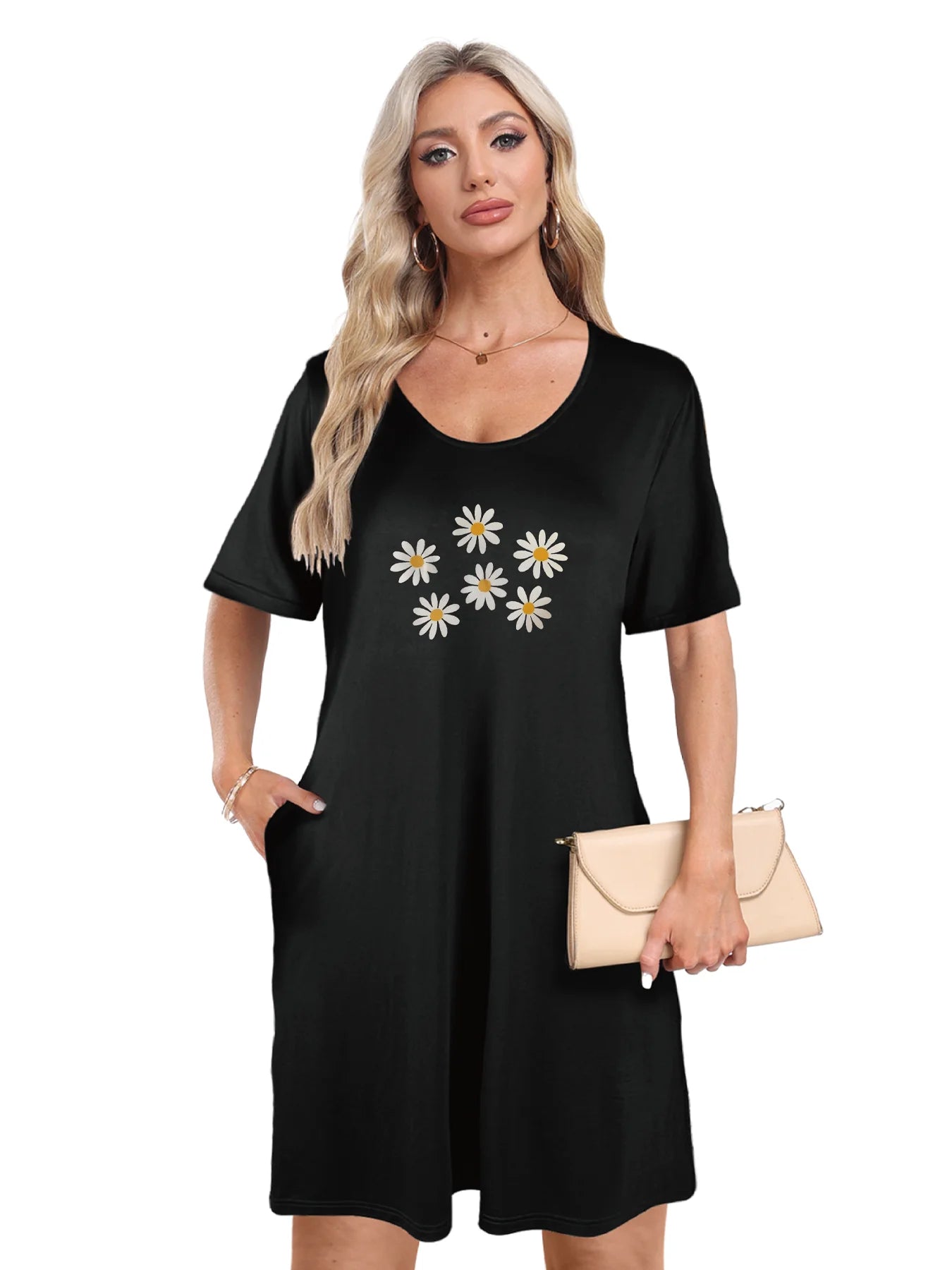 Delicate Daisy Print Dual Pockets Dress Casual Short Sleeve Tee Dress For Spring & Summer Women's Clothing Delicate Daisy Print Dual Pockets Dress Casual Short Sleeve Tee Dress For Spring & Summer Women's Clothing