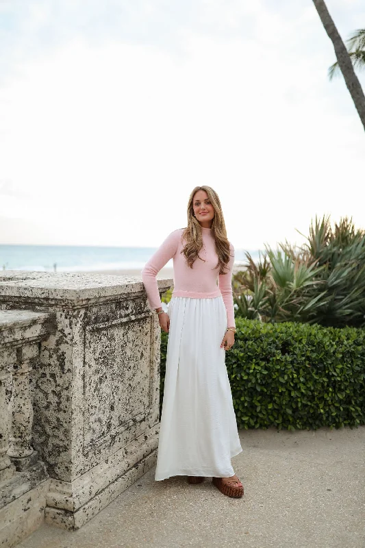 The Theo Long Sleeve Twofer Dress - Pink/Ivory