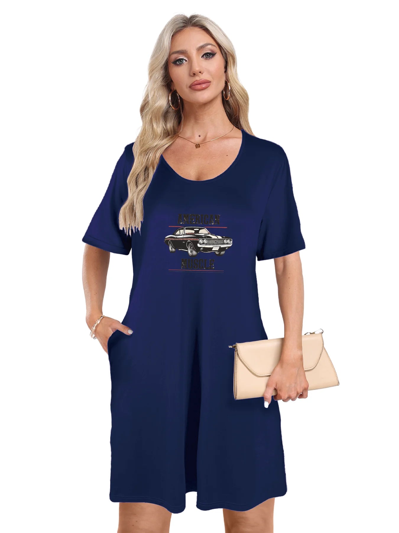 Bold 'American Muscle' Car Print Dual Pockets Dress Casual Short Sleeve Tee Dress For Spring & Summer Women's Clothing Bold 'American Muscle' Car Print Dual Pockets Dress Casual Short Sleeve Tee Dress For Spring & Summer Women's Clothing