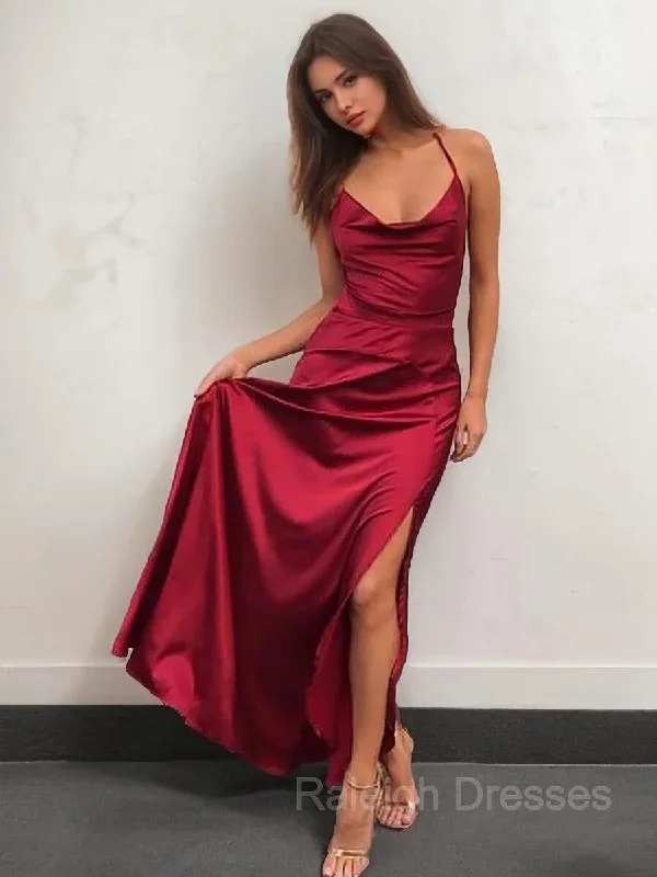 A-Line/Princess Spaghetti Straps Floor-Length NS Elastic Woven Satin Prom Dresses With Leg Slit A-Line/Princess Spaghetti Straps Floor-Length NS Elastic Woven Satin Prom Dresses With Leg Slit