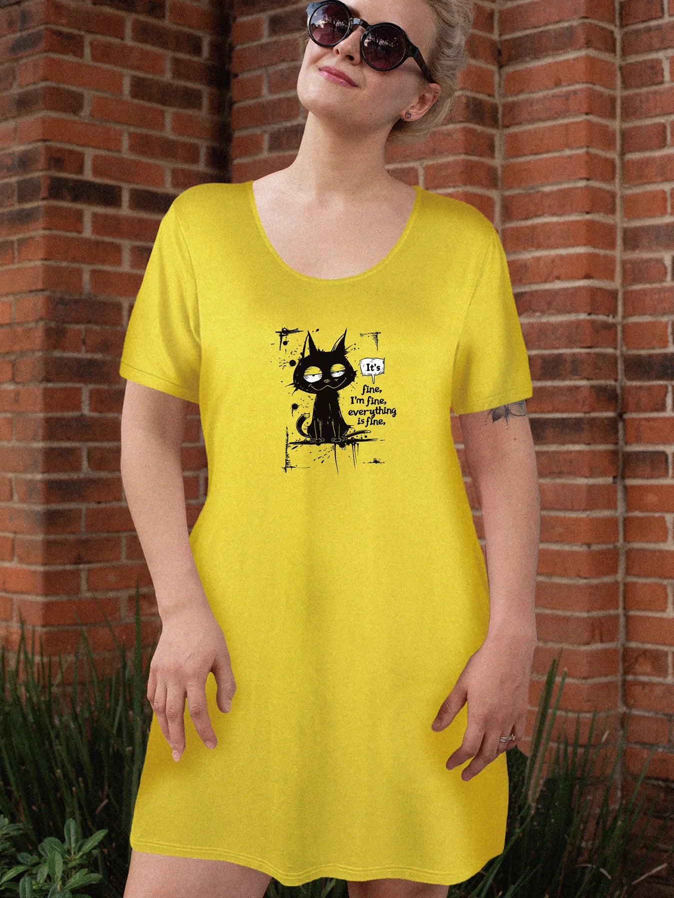 Fun 'Everything is Fine' Cat Print Dual Pockets Dress Casual Short Sleeve Tee Dress For Spring & Summer Women's Clothing Fun 'Everything is Fine' Cat Print Dual Pockets Dress Casual Short Sleeve Tee Dress For Spring & Summer Women's Clothing