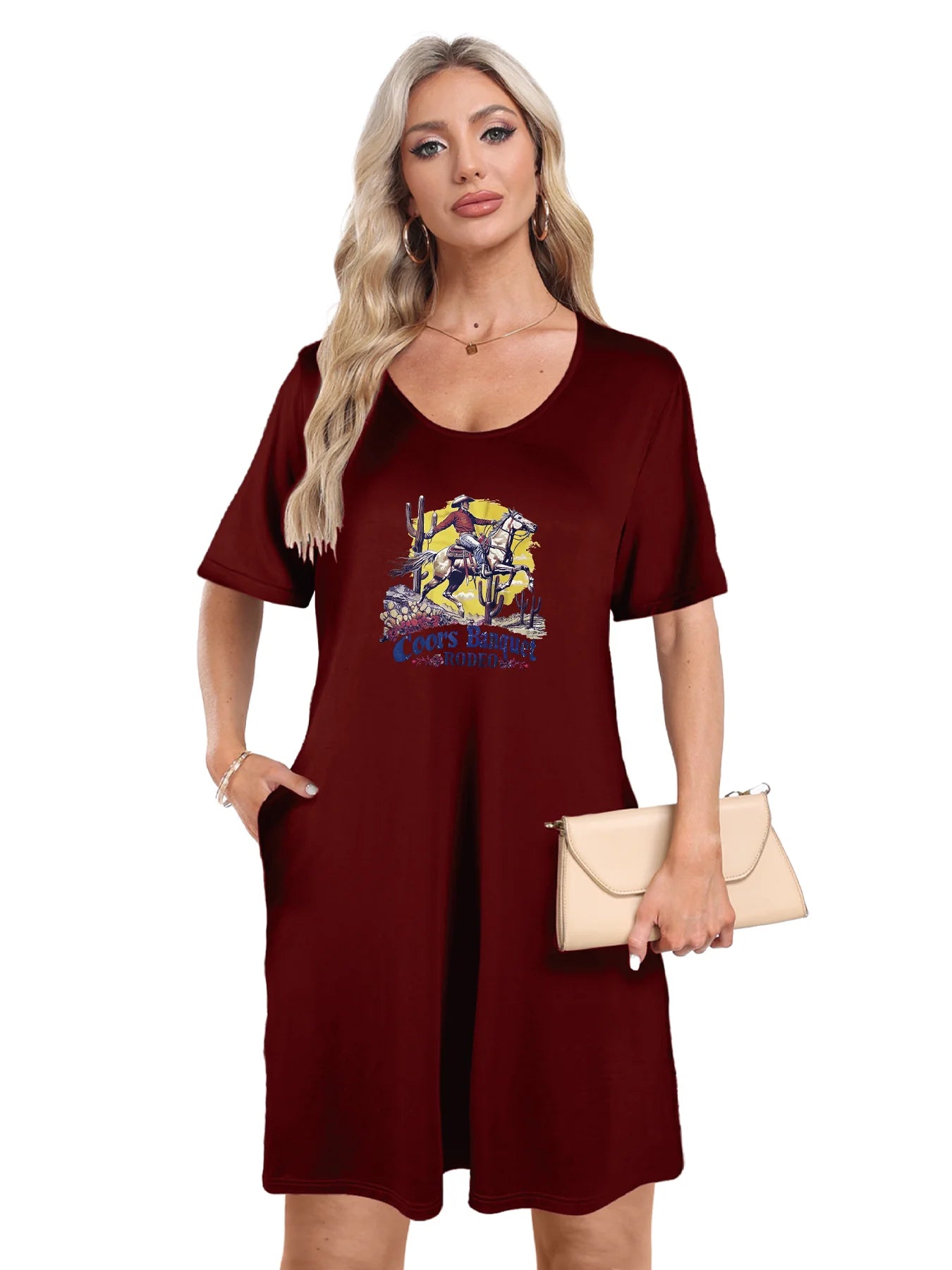 Vintage Style 'Coors Banquet Rodeo' Print Dual Pockets Dress Casual Short Sleeve Tee Dress For Spring & Summer Women's Clothing Vintage Style 'Coors Banquet Rodeo' Print Dual Pockets Dress Casual Short Sleeve Tee Dress For Spring & Summer Women's Clothing