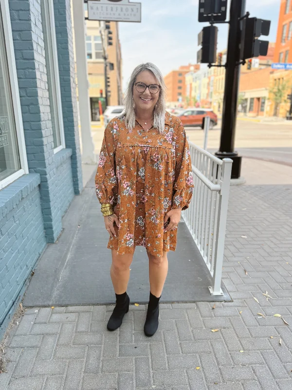 Camel Floral Corduroy Dress-Final Sale