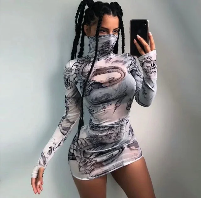 Turtleneck Dragon Mesh Dress