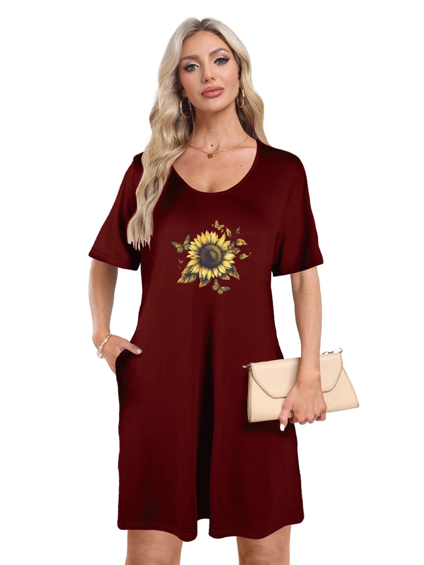 Sunflower and Butterflies Print Dual Pockets Dress Casual Short Sleeve Tee Dress For Spring & Summer Women's Clothing Sunflower and Butterflies Print Dual Pockets Dress Casual Short Sleeve Tee Dress For Spring & Summer Women's Clothing