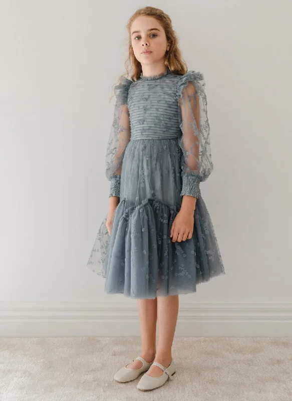 Petite Amalie Steel Blue Flocked Velvet Tulle Dress