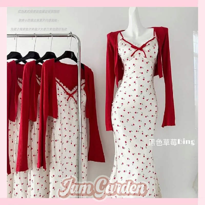 Hot girl lace floral suspender dress suit