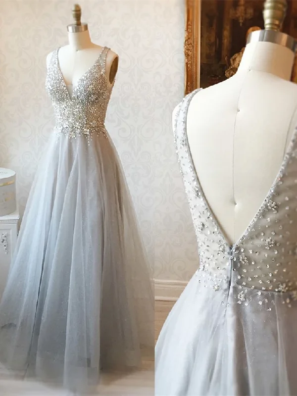 V Neck Grey Beaded Open Back Tulle Long Prom Dresses, Grey Beaded Open Back Tulle Long Formal Evening Dresses,DS3821 V Neck Grey Beaded Open Back Tulle Long Prom Dresses, Grey Beaded Open Back Tulle Long Formal Evening Dresses,DS3821