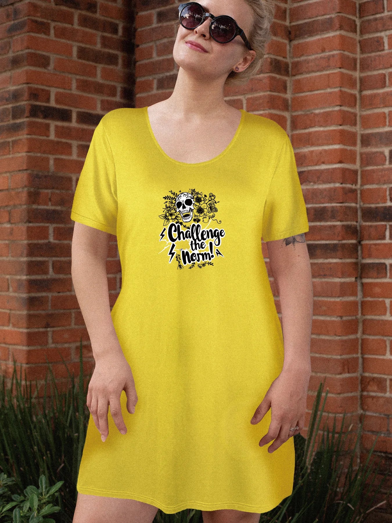 Unique 'Challenge the Norm' Skull Print Dual Pockets Dress Casual Short Sleeve Tee Dress For Spring & Summer Women's Clothing Unique 'Challenge the Norm' Skull Print Dual Pockets Dress Casual Short Sleeve Tee Dress For Spring & Summer Women's Clothing
