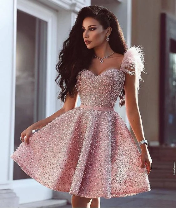 Sweetheart Pink Beaded Short homecoming Dress with Feathers, Cutest Pink Dresses for Homecoming cg214 Sweetheart Pink Beaded Short homecoming Dress with Feathers, Cutest Pink Dresses for Homecoming cg214