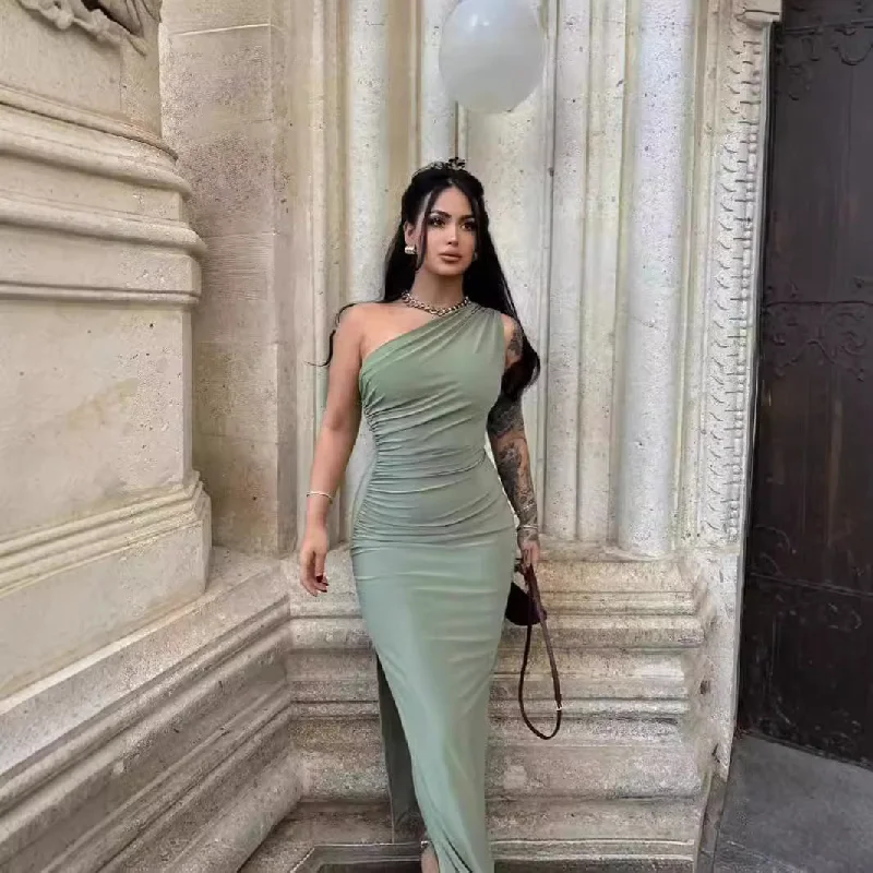 IKEARLAX 2025 AC022 Popular and  popular summer new women's clothing solid color single shoulder sleeveless pleated slit temperament dress dress