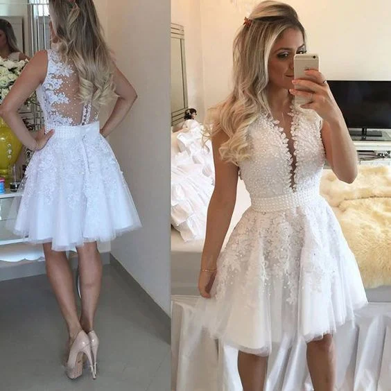 Elegant A-line sleeveless deep v-neck rhinestone beads sash lace applique tulle back knee-length homecoming dress cg238 Elegant A-line sleeveless deep v-neck rhinestone beads sash lace applique tulle back knee-length homecoming dress cg238