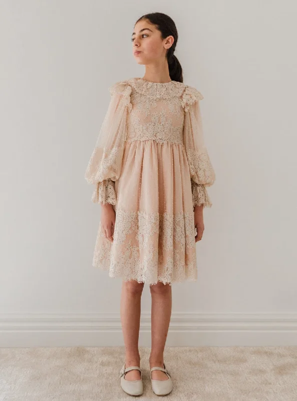 Petite Amalie Cream Lace Applique Tulle Babydoll Dress