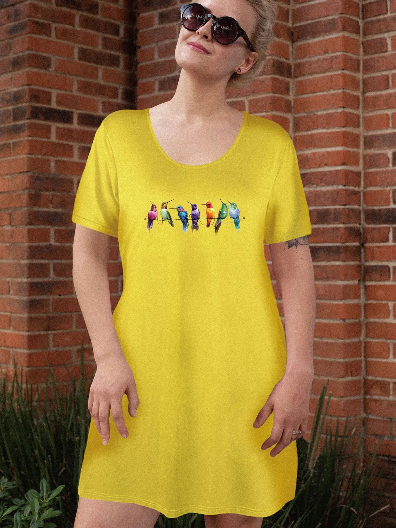 Vibrant and Playful Colorful Bird Print Dual Pockets Dress Casual Short Sleeve Tee Dress For Spring & Summer Women's Clothing Vibrant and Playful Colorful Bird Print Dual Pockets Dress Casual Short Sleeve Tee Dress For Spring & Summer Women's Clothing