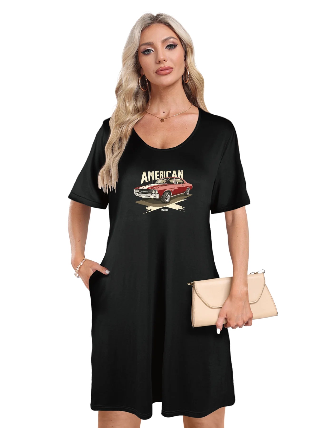Retro American Style Car Print Dual Pockets Dress Casual Short Sleeve Tee Dress For Spring & Summer Women's Clothing Retro American Style Car Print Dual Pockets Dress Casual Short Sleeve Tee Dress For Spring & Summer Women's Clothing