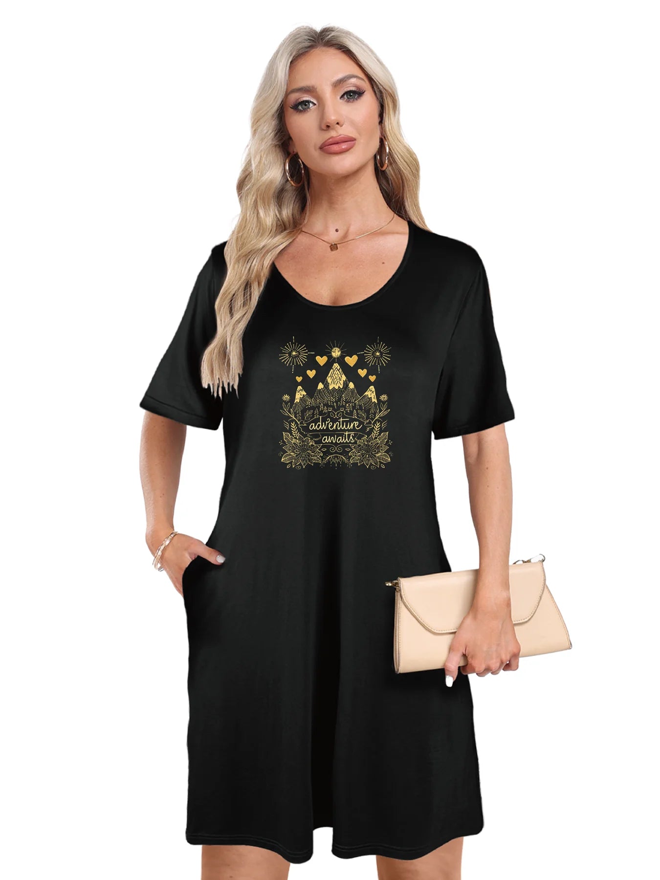 Inspiring Gold 'Adventure Awaits' Print Dual Pockets Dress Casual Short Sleeve Tee Dress For Spring & Summer Women's Clothing Inspiring Gold 'Adventure Awaits' Print Dual Pockets Dress Casual Short Sleeve Tee Dress For Spring & Summer Women's Clothing