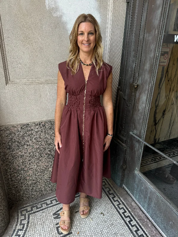 Brown V Neck Zip Up Dress